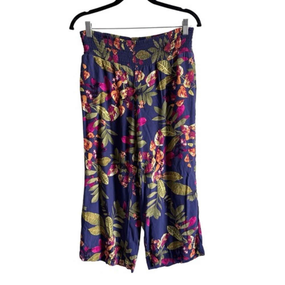 J2 J. Jill Womens Navy Blue Tropical Floral Smocked Wide Leg Crop Pants Size S - Picture 8 of 9